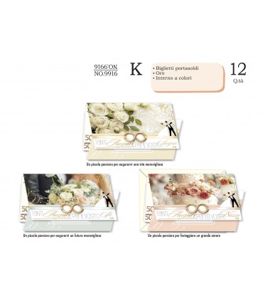Biglietto Cromo Anniversario Nozze PORTA SOLDI IN ORO E RILIEVO INTERNO A COLORI  conf. 12 pz. assortiti