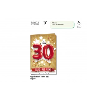Biglietto CROMO COMPLEANNO 30 ANNI CON RILIEVO E INTERNO A COLORI CONF. 6 PZ.