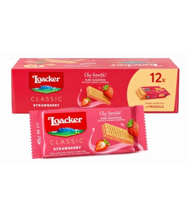 LOACKER CLASSIC STRAWBERRY TRE CIALDE CROCCANTI E DUE STRATI DI CREMA FRESCA ALLA FRAGOLA CONF. DA 12 PZ.