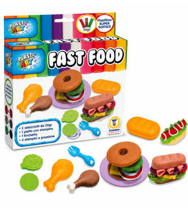 PLASTIART FAST FOOD 3 SALSICCIOTTI DA 20GR CON PIATTO E FORCHETTA 4 STAMPINI