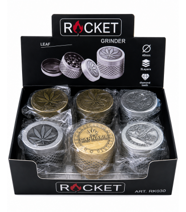 GRINDER ROCKET TRITATABACCO DIAMETRO 40 MM. 3 PARTI IN METALLO + SPATOLA CONF. DA 12 PZ.
