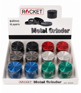 GRINDER ROCKET TRITATABACCO DIAMETRO 40 MM. 4 PARTI IN METALLO + SPATOLA  CONF. DA 12 PZ.