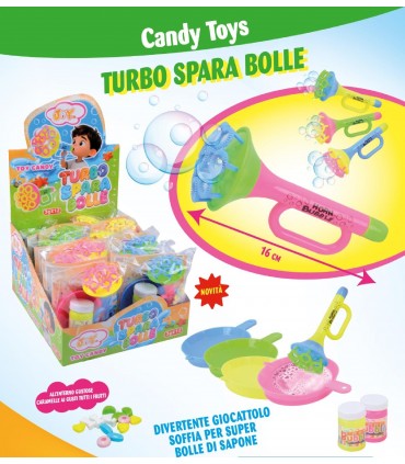 TUBO SPARA BOLLE CON CARAMELLE ASSORTITE TUTTI FRUTTI DA 3GR. EXPO 12 PZ.