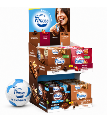 EXPO BARRETTE FITNESS CIOCCOLATO, CACAO PROTEIN, FRUTTI ROSSI E CIOCCOLATO AL LATTE TOTALE 96PZ IN OMAGGIO PALLONE DI CUOIO