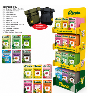 EXPO RICOLA POP CON GUSTO NUOVO MELA MENTA da 60PZ.+ ricariche 20 pz. ASTUCCIO MELISSA LIMONCELLA