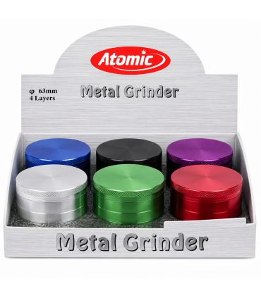 GRINDER ATOMIC IN METALLO COLORATO TRITATABACCO DIAMETRO 63 MM. 4 PARTI + SPATOLA  CONF. DA 6 PZ.