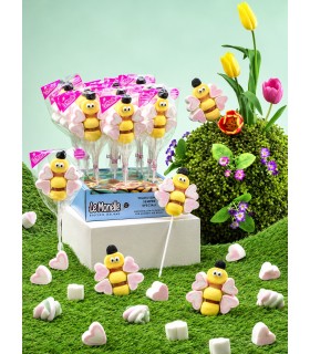 DULCIS SPIEDINI DI MARSHMALLOW A FORMA DI APE CON DECORAZIONE IN ZUCCHERO H.26 CM. DA 60 GR EXPO 12 PZ.