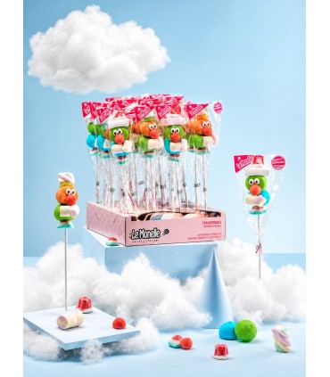 DULCIS SPIEDINI DI MARSHMALLOW ASSORTITI A FORMA DI PUPAZZETTI  CON DECORAZIONE IN ZUCCHERO H.26 CM. DA 40 GR EXPO 20 PZ.