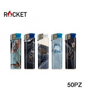 ACCENDINO ELETTRONICO ROCKET JEANS  CONF. 50 PZ ASSORTITI CON 5 FANTASIE