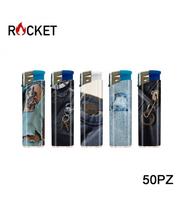 ACCENDINO ELETTRONICO ROCKET JEANS  CONF. 50 PZ ASSORTITI CON 5 FANTASIE