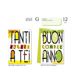 Biglietto cromo compleanno GENERICO con glitter e interno a colori  CONF. 12 PZ. ASSORTITI