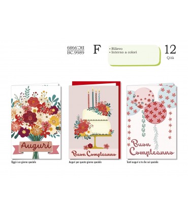 Biglietto CROMO COMPLEANNO FEMMINILE CON RILIEVO E INTERNI A COLORI  CONF. 12 PZ. ASSORTITI
