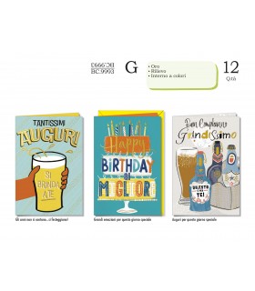 Biglietto CROMO COMPLEANNO MASCHILE CON RILIEVO E INTERNI A COLORI  CONF. 12 PZ. ASSORTITI