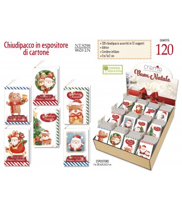CHIUDIPACCO di NATALE CROMO CON LAVORAZIONI IN ORO IN 3D in EXPO IN CARTONE RICICLATO DA 120 PZ. ASSortito in  12 soggetti