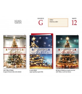 biglietto DI NATALE CROMO CON GLITTER E LAVORAZIONE IN ORO E RILIEVO INTERNO A COLORI conf. 12 pz. assortiti