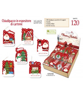 CHIUDIPACCO di NATALE CROMO CON LAVORAZIONI IN ORO in EXPO IN CARTONE RICICLATO DA 120 PZ. ASSortito in  12 soggetti