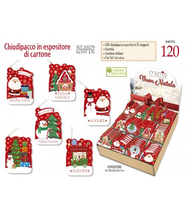 CHIUDIPACCO di NATALE CROMO CON LAVORAZIONI IN ORO in EXPO IN CARTONE RICICLATO DA 120 PZ. ASSortito in  12 soggetti