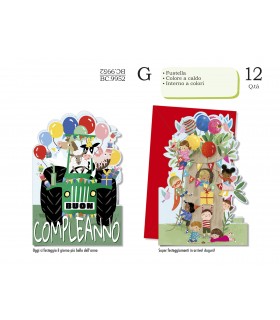 Biglietto CROMO COMPLEANNO BAMBINI FUSTELLA E INTERNO A COLORI CONF. 12 PZ. ASSORTITI