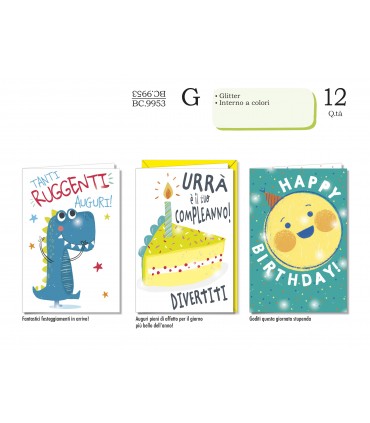 Biglietto CROMO COMPLEANNO BAMBINI CON GLITTER E INTERNO A COLORICONF. 12 PZ. ASSORTITI