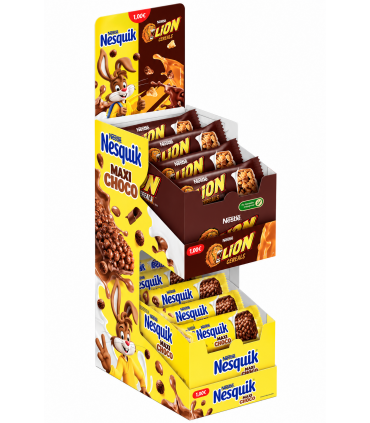 EXPO NESTLE' BARRETTE NESQUIK MAXY CHOCO E LION CEREALS DA 40PZ.