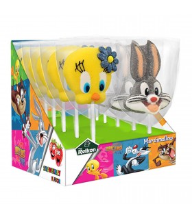 SPIEDINI DI MARSHMALLOW A FORMA DI LOONEY TUNES CON DECORAZIONE IN ZUCCHERO DA 45GR EXPO 12 PZ.