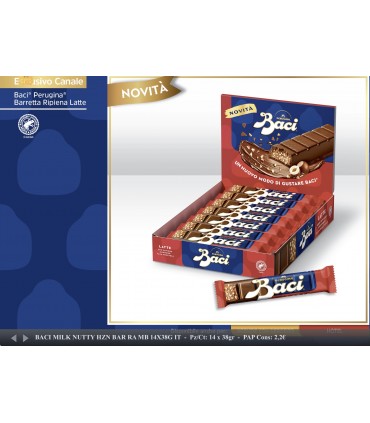 BACI PERUGINA BARRETTA CIOCCOLATO AL LATTE CON RIPIENO CREMOSO ALLA NOCCIOLA 38G. CONF. 14 PZ.