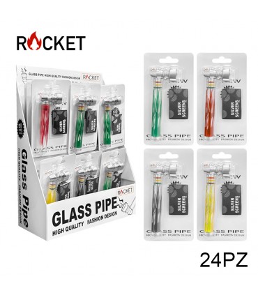 Pipette ROCKET in VETRO CON BRACIERE IN METALLO BLISTERATE SINGOLARMENTE CON RETINE DI RICAMBIO Expo da 24 pz. COLORI ASSORTITI