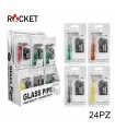 Pipette ROCKET in VETRO CON BRACIERE IN METALLO BLISTERATE SINGOLARMENTE CON RETINE DI RICAMBIO Expo da 24 pz. COLORI ASSORTITI