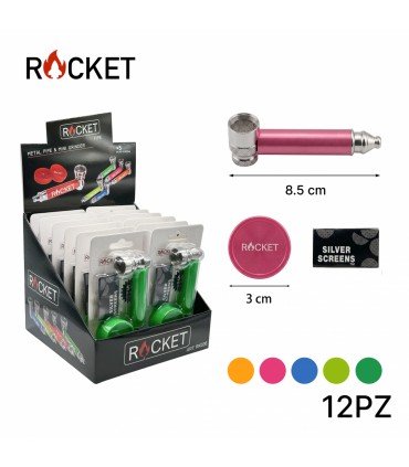 Pipette ROCKET in PLASTICA CON BRACIERE IN METALLO CON RETINE DI RICAMBIO E GRINDER IN PLASTICA Expo da 12 pz. COLORI ASSORTITI