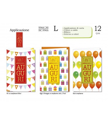 Biglietto CROMO COMPLEANNO CON APPLICAZIONI IN CARTA ED INTERNO A COLORI  CONF. 12 PZ. ASSORTITI