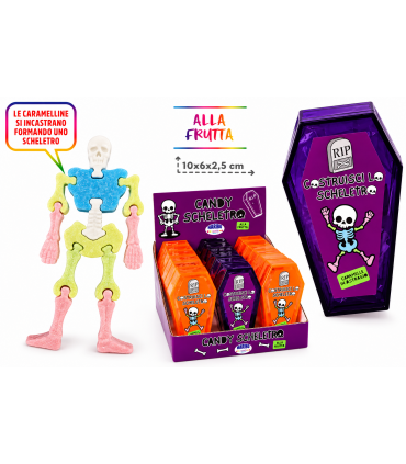 CANDY SCHELETRO CARAMELLE CHE SI INCASTRANO E FORMANO UNO SCHELETRO ALLA FRUTTA DA 25gr EXPO DA 18PZ.
