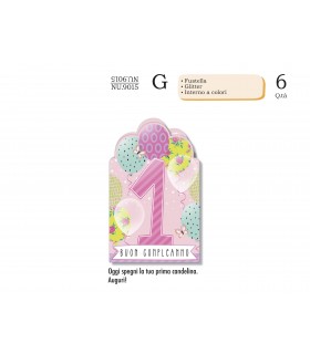 Biglietto CROMO COMPLEANNO 1 ANNO LEI CON GLITTER CONF. 6 PZ.