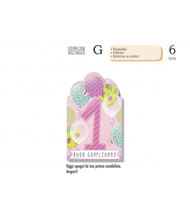 Biglietto CROMO COMPLEANNO 1 ANNO LEI CON GLITTER CONF. 6 PZ.