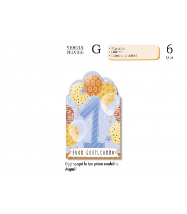 Biglietto CROMO COMPLEANNO 1 ANNO LUI CON GLITTER CONF. 6 PZ.