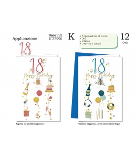 BIGLIETTO CROMO COMPLEANNO 18 ANNI CON APPLICAZIO IN CARTACONF.12 PZ. ASSORTITI