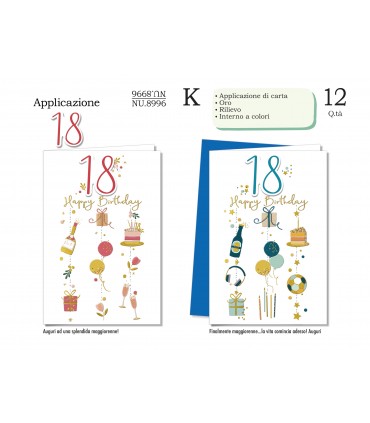 BIGLIETTO CROMO COMPLEANNO 18 ANNI CON APPLICAZIO IN CARTACONF.12 PZ. ASSORTITI