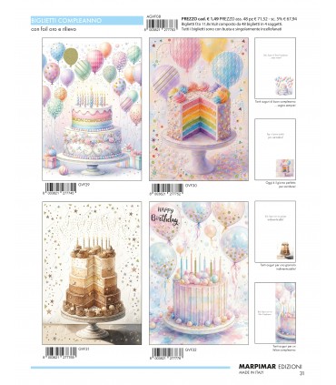 BigliettO MARPIMAR COMPLEANNO con foil oro e rilievo CONF. 12 PZ. ASSORTITI