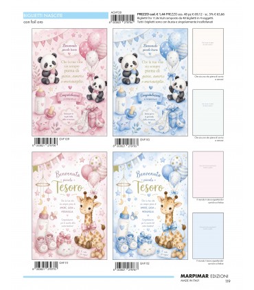 Biglietto Marpimar NASCITA BIMBO E BIMBA con foil ORO conf. 12 pz. assortiti