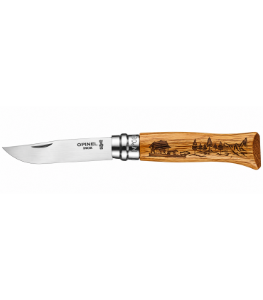 Coltello Chiudibile e Tascabile OPINEL con manico in Legno Colore ROVERE CON INCISIONE Lama in acciaio inox da 8,5 cm.