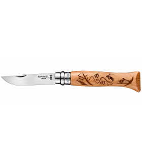Coltello Chiudibile e Tascabile OPINEL con manico in Legno Di Faggio con incisione al laser e Lama in acciaio inox da 8,5 cm.