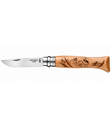 Coltello Chiudibile e Tascabile OPINEL con manico in Legno Di Faggio con incisione al laser e Lama in acciaio inox da 8,5 cm.