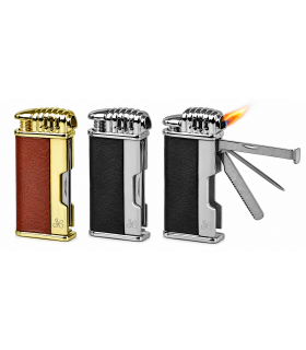 ACCENDINO LUBINSKI PER PIPA JEAN CLAUDE RIVESTITO IN PELLE MARRONE E ORO  CON ACCESSORI W212