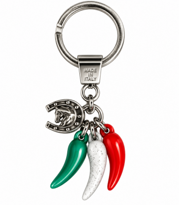 Corni Portafortuna Tricolore con Ferro di Cavallo in Metallo Artigianali e Smaltati a Mano Cartella da 6 pz.