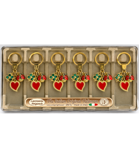 Corno Portafortuna In Metallo Artigianale e Smaltato a Mano CON BRILLANTINO  Quadrifoglio -COCCINELLA E CUORE Cartella da 6 pz.