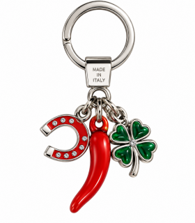 Corno Portafortuna in Metallo Artigianale e Smaltato a Mano Con Ferro di cavallo e Quadrifoglio IN ELEGANTE SCATOLA DA REGALO