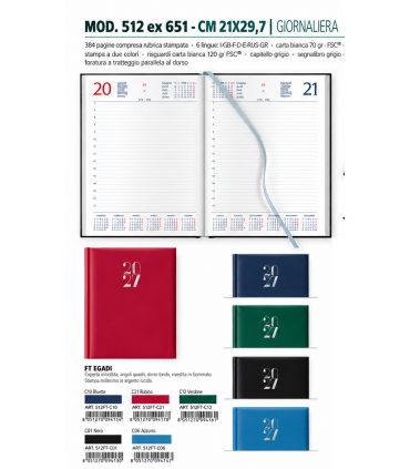 Agenda Giornaliera 2027 mis.21x29.7 Mod. EGADI disponibile in 2 colori (BLUETTE-VERDE)