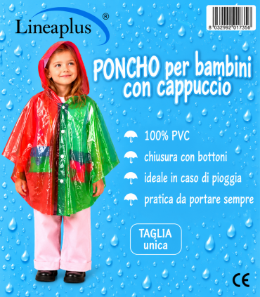 PONCHO IMPERMEABILE PER BAMBINI CON CAPPUCCIO MULTICOLOR