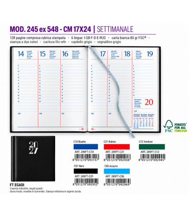 Agenda SETTIMANALE 2027 mis.17x24 Mod. EGADI disponibile in 2 COLORI (BLUETTE-RUBINO-)