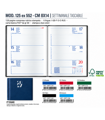 Agenda Settimanale 2027 VERTICALE mis.8x14 Mod. EGADI Disponibile in 2 colori(BLUETTE-VERDE)