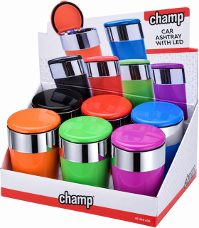 Posacenere da Auto Champ colorato CON LED  in Plastica Expo da 6 pz. colori assortiti